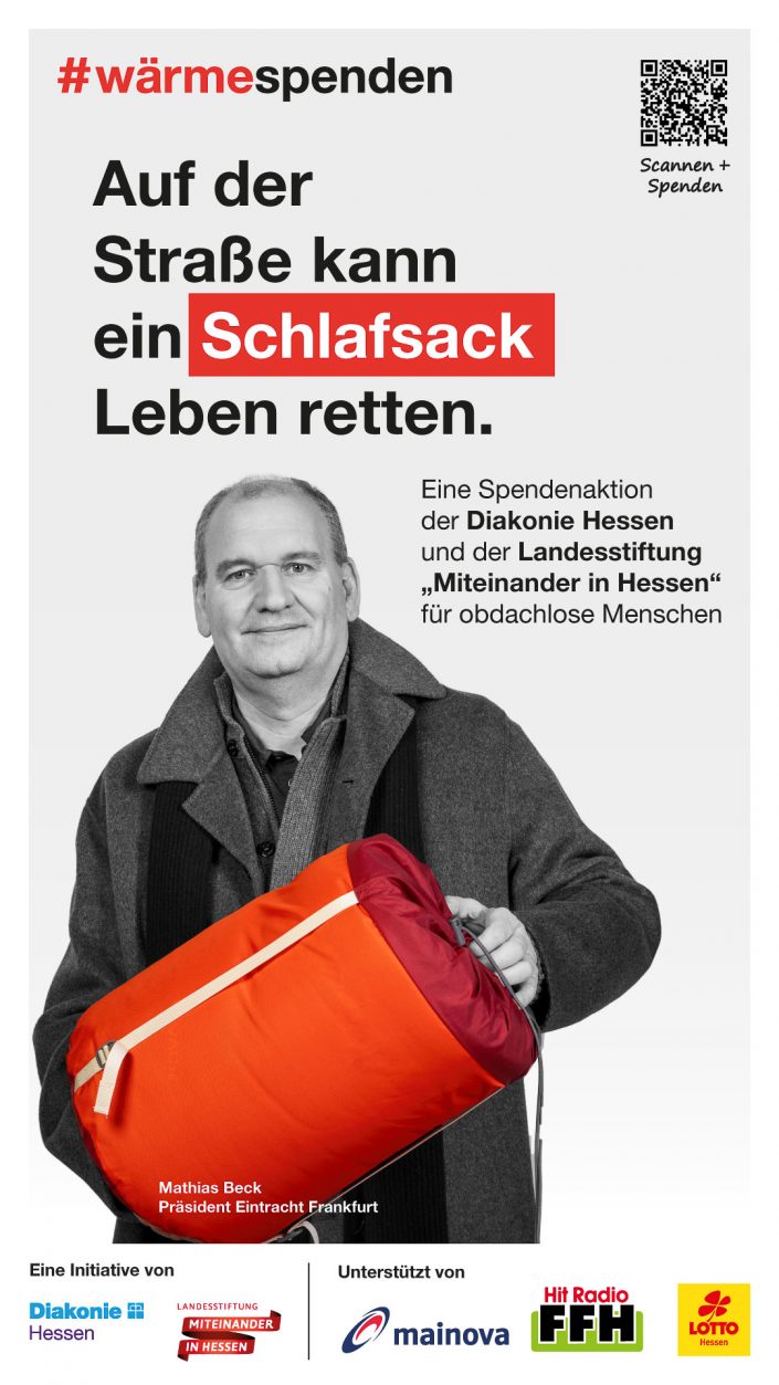 Diakonie Hessen #wärmespenden Citylight Motiv Kampagne Mathias Beck, Präsident Eintracht Frankfurt