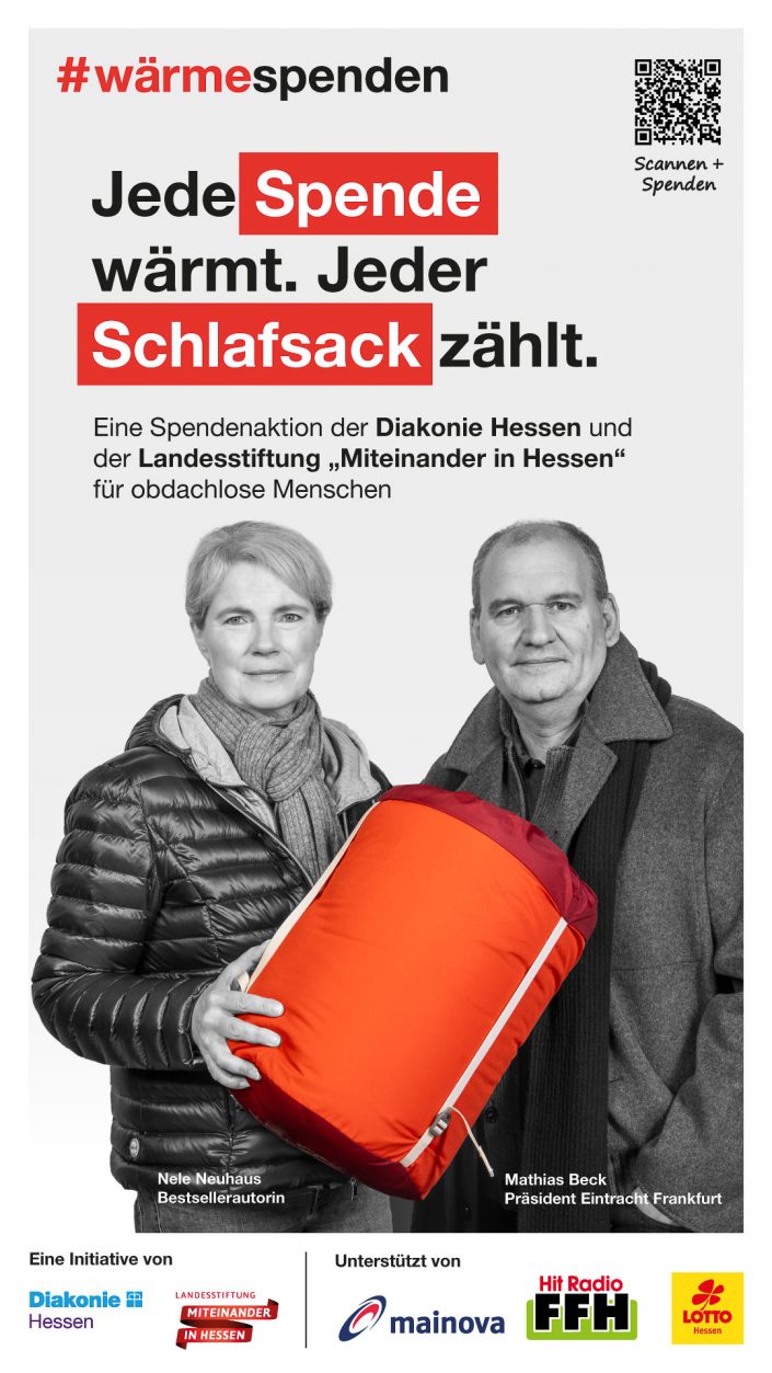 Diakonie Hessen #wärmespenden Citylight Motiv Kampagne Hessen Nele Neuhaus, Autorin & Mathias Beck, Präsident Eintracht Frankfurt
